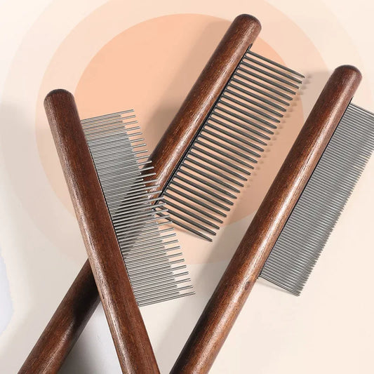 Cat Brush with Wooden Handle and Stainless Steel Comb for Grooming and Removing Pet Hair.