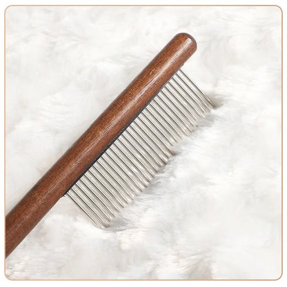 Cat Brush with Wooden Handle and Stainless Steel Comb for Grooming and Removing Pet Hair.