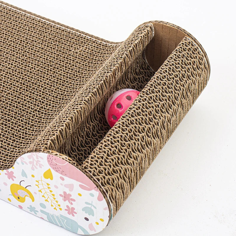 Large corrugated cat scratcher toy with bells.