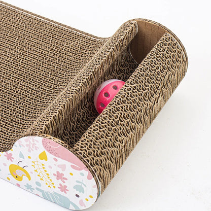 Large corrugated cat scratcher toy with bells.