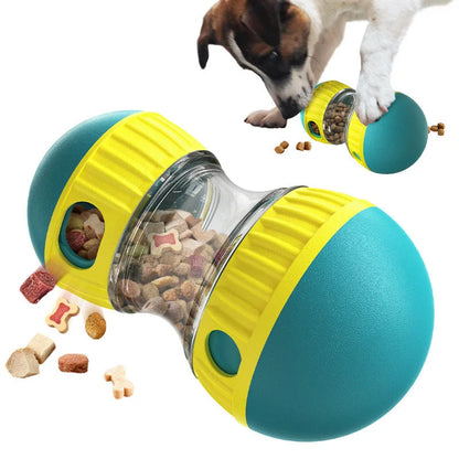 Leaky tumbler toy for slow feeding and play for dogs of all sizes.