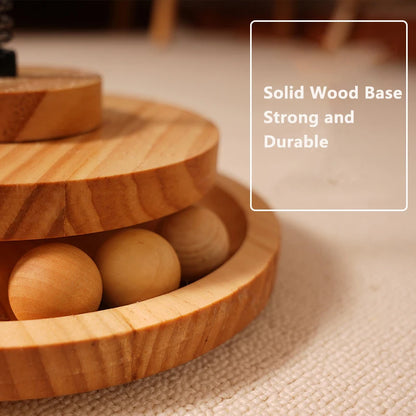 Interactive wood cat turntable toy with rolling ball.