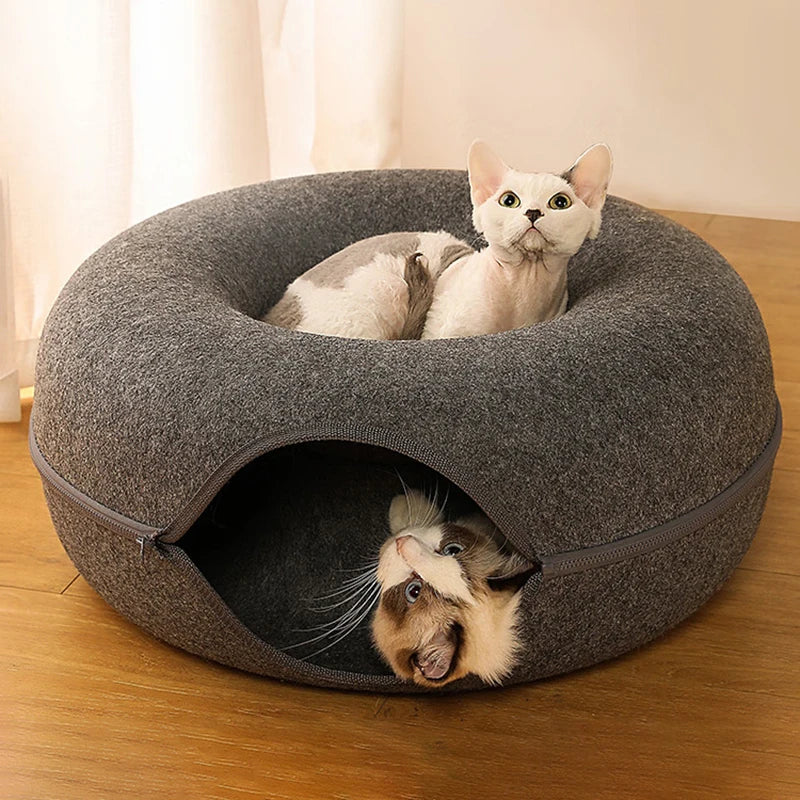 Donut Cat Bed for Two with Tunnel, Basket, and Interactive Toys