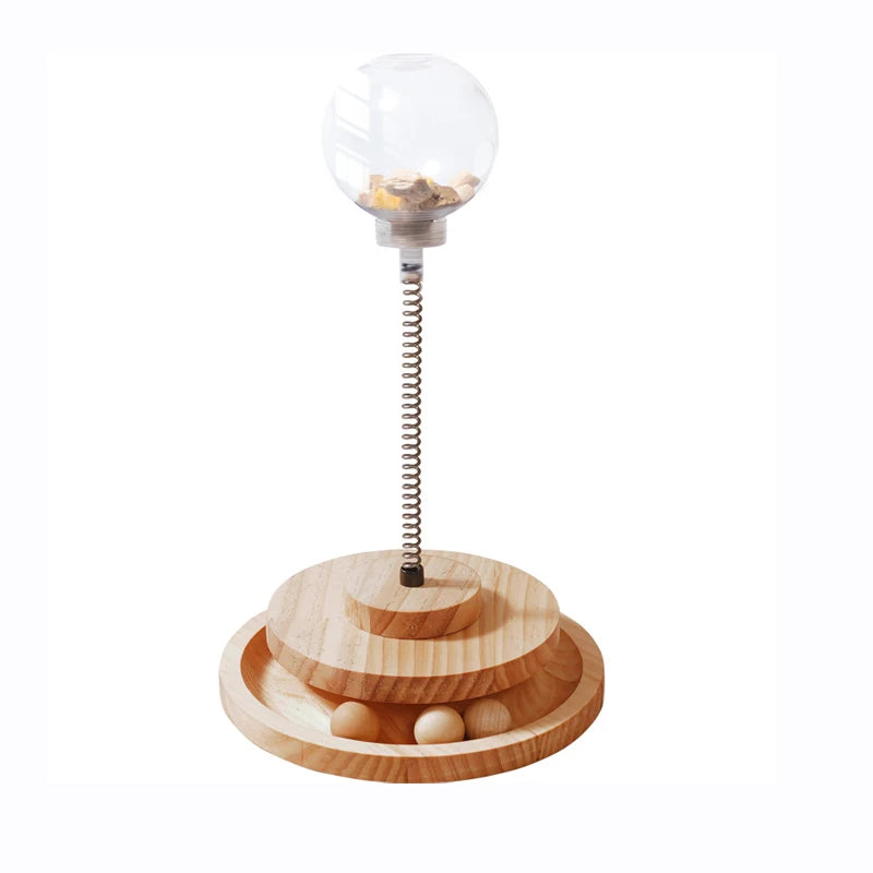 Interactive wood cat turntable toy with rolling ball.