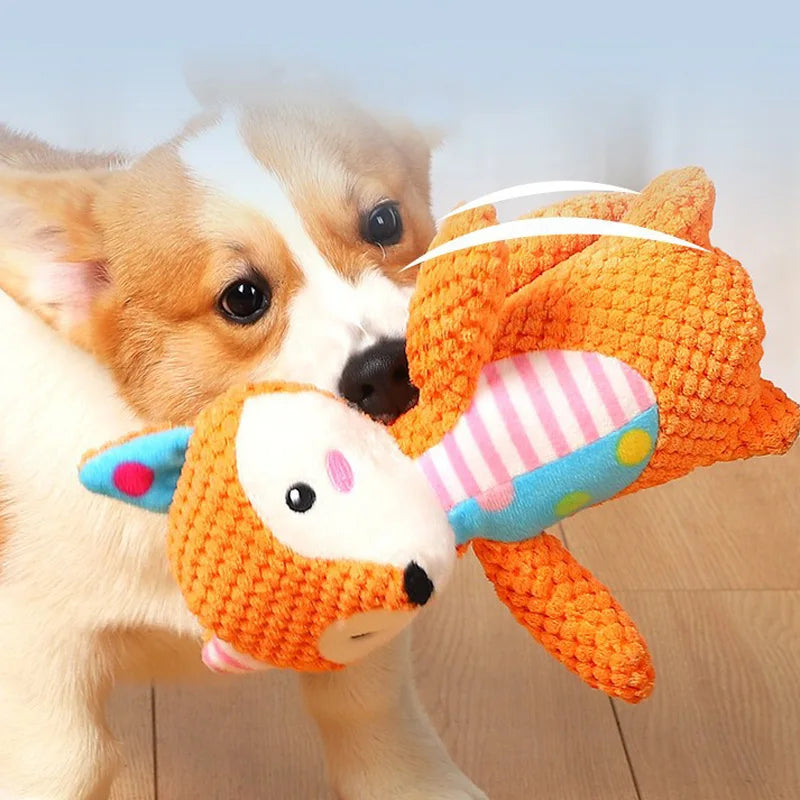 Plush squeaky toy for dogs and cats, bite-resistant and cleans teeth.