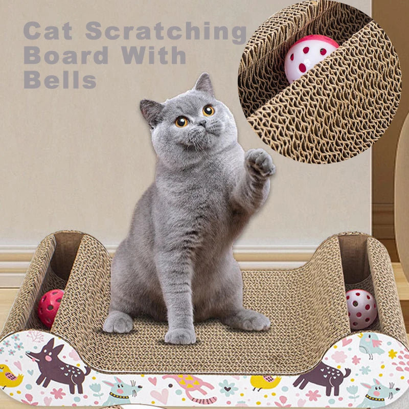 Large corrugated cat scratcher toy with bells.