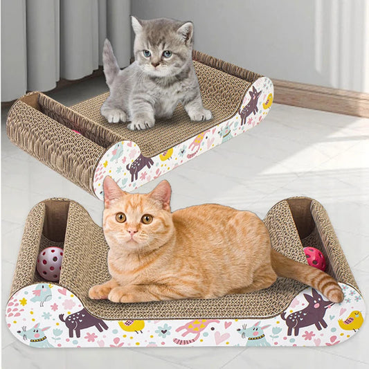 Large corrugated cat scratcher toy with bells.