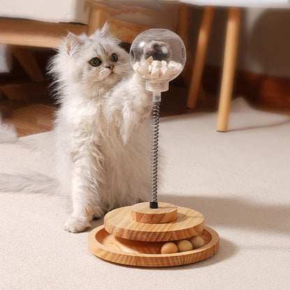 Interactive wood cat turntable toy with rolling ball.